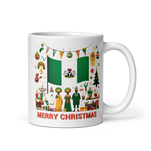 Holiday Spirit Nigerian Flag Mug - White Glossy Christmas Coffee Cup for Nigerians Around the World