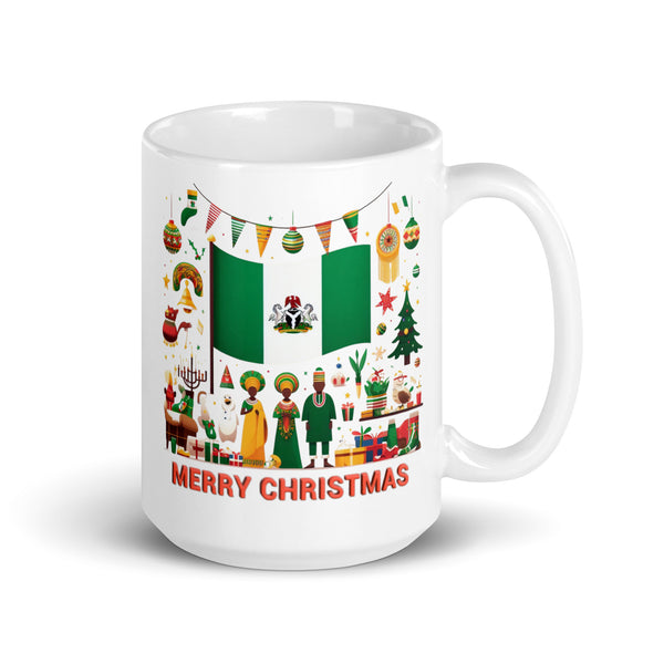 Holiday Spirit Nigerian Flag Mug - White Glossy Christmas Coffee Cup for Nigerians Around the World